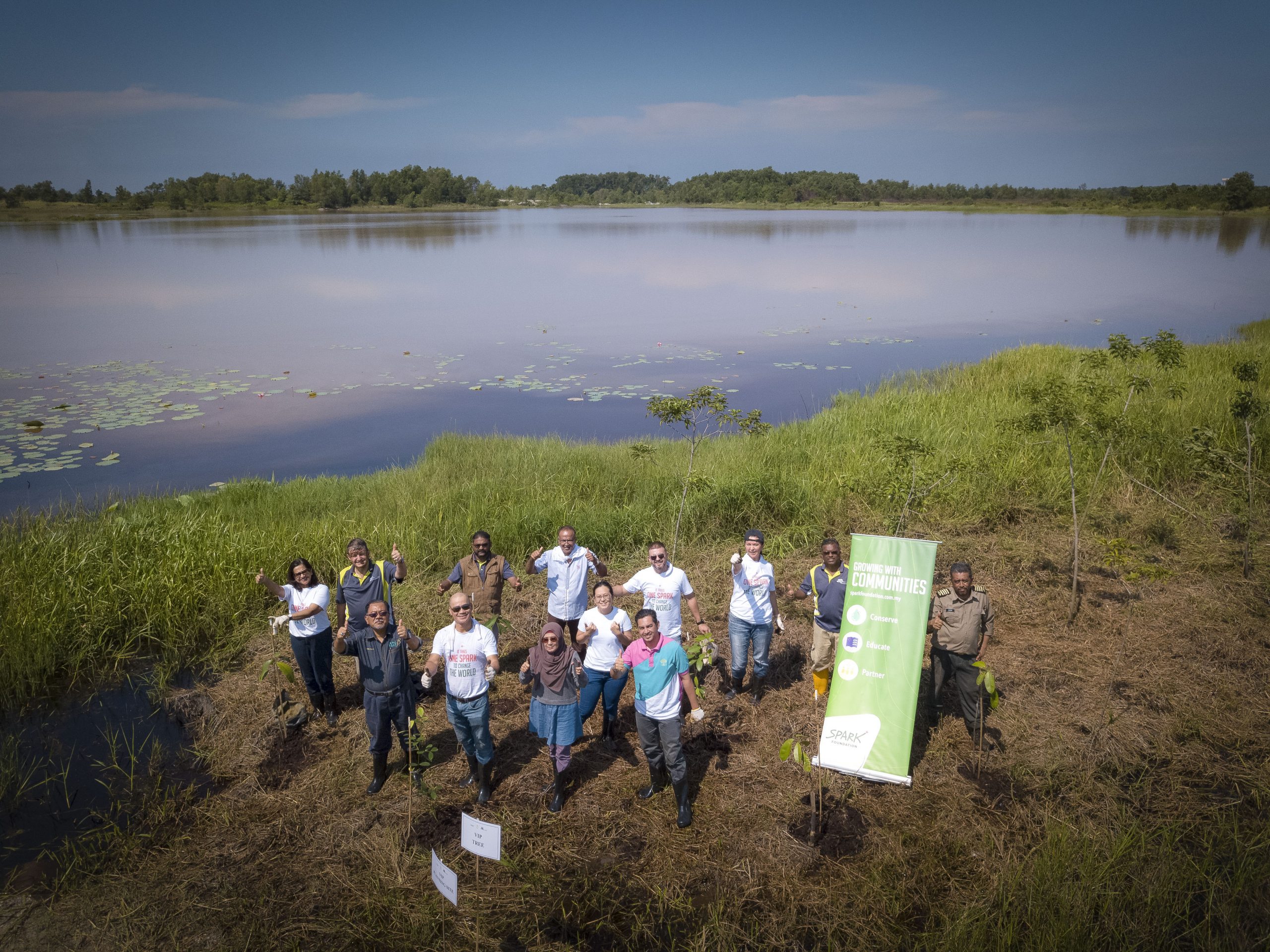 Representatives from SPARK Foundation, GEC, and the Selangor State Forestry Department at the location of the proposed 300-meter clay dyke, which is expected to store up to 200 million litres of water annually