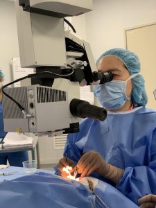 Dr Fiona performing the squint surgery to improve patient Mias eyesight